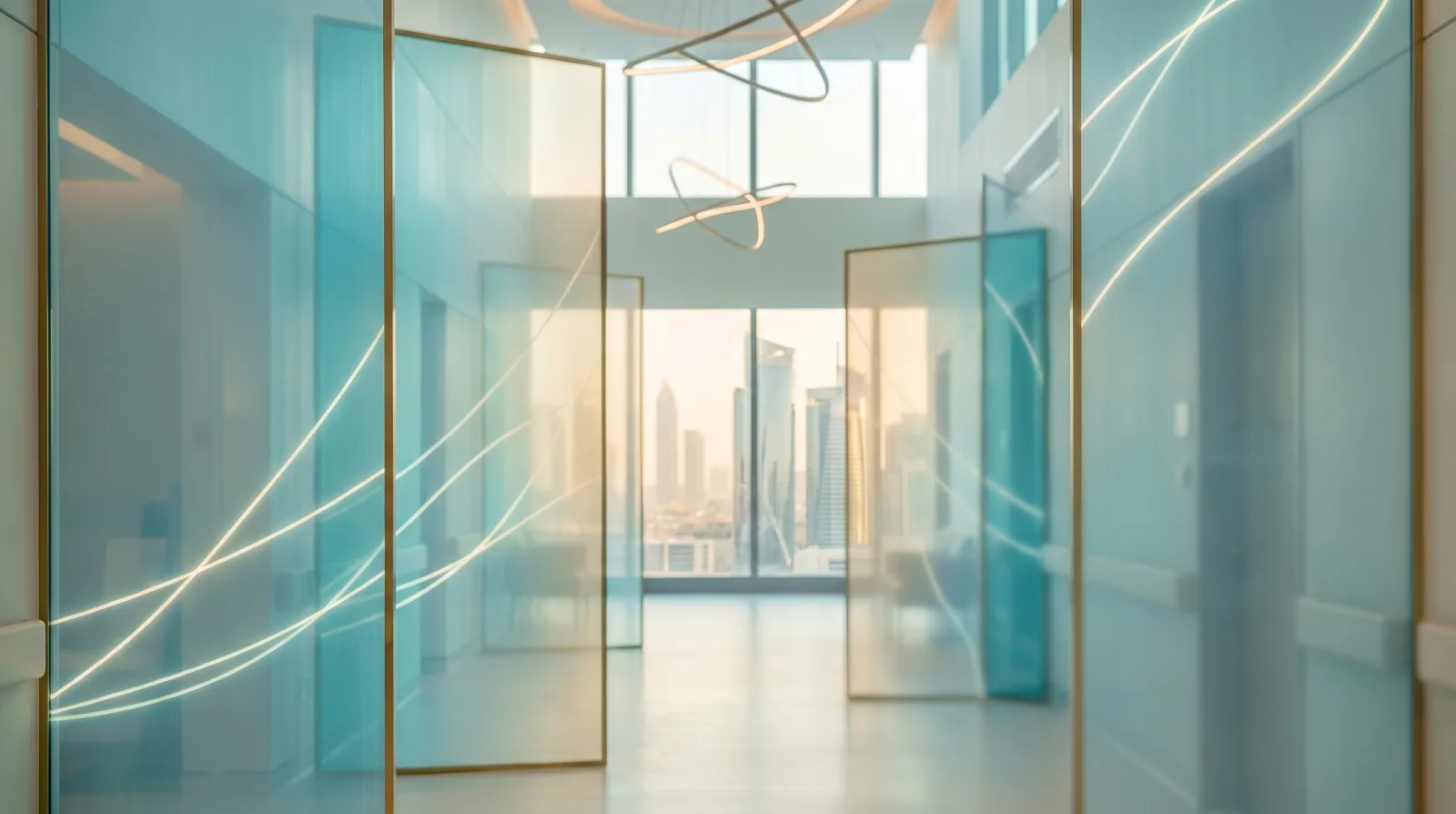 Abstract editorial illustration of a calm modern UAE clinical environment overlaid with translucent geometric panels and soft flowing lines, representing a careful medical liability review process.