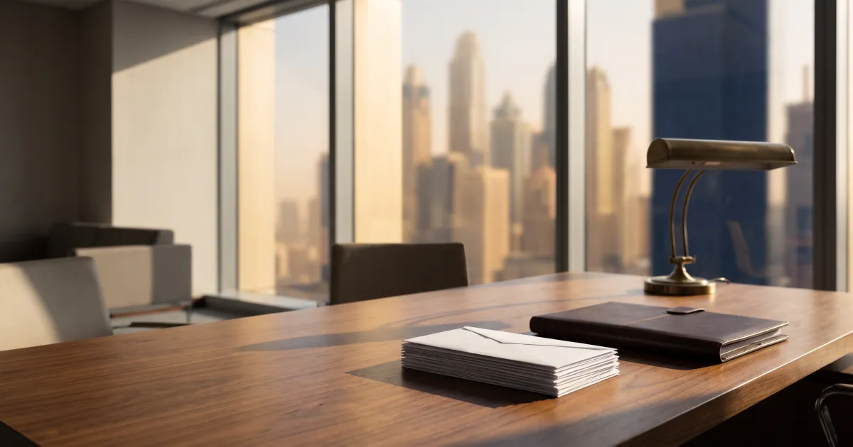 A stack of plain envelopes and a closed leather folder on a walnut desk in a quiet Dubai office at sunrise