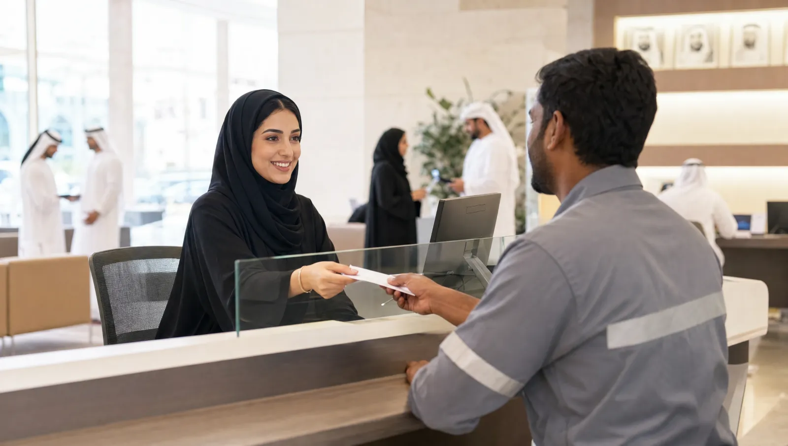 A worker collecting labour file paperwork at a service centre counter in the UAE