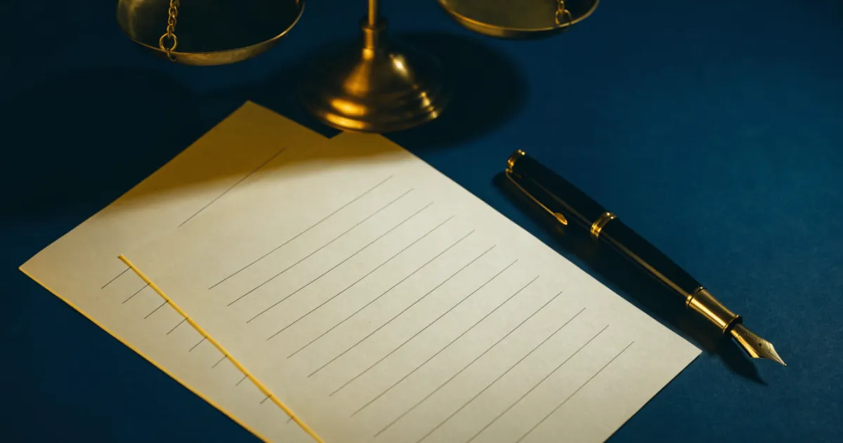 Two stacked blank bilingual employment documents on a deep navy desk with a gold pen and paperclip, suggesting a side-by-side comparison before signing