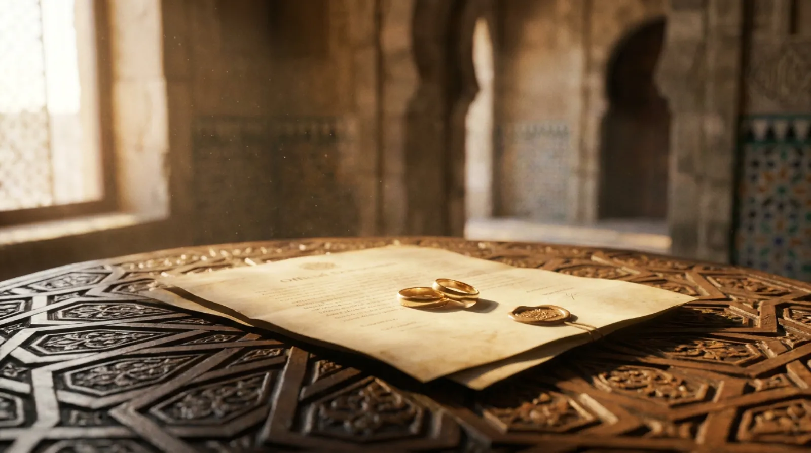 Two plain gold wedding rings resting on an official marriage document in warm natural light