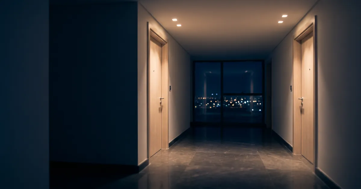 Two closed apartment doors facing each other in a softly lit Dubai residential corridor at night