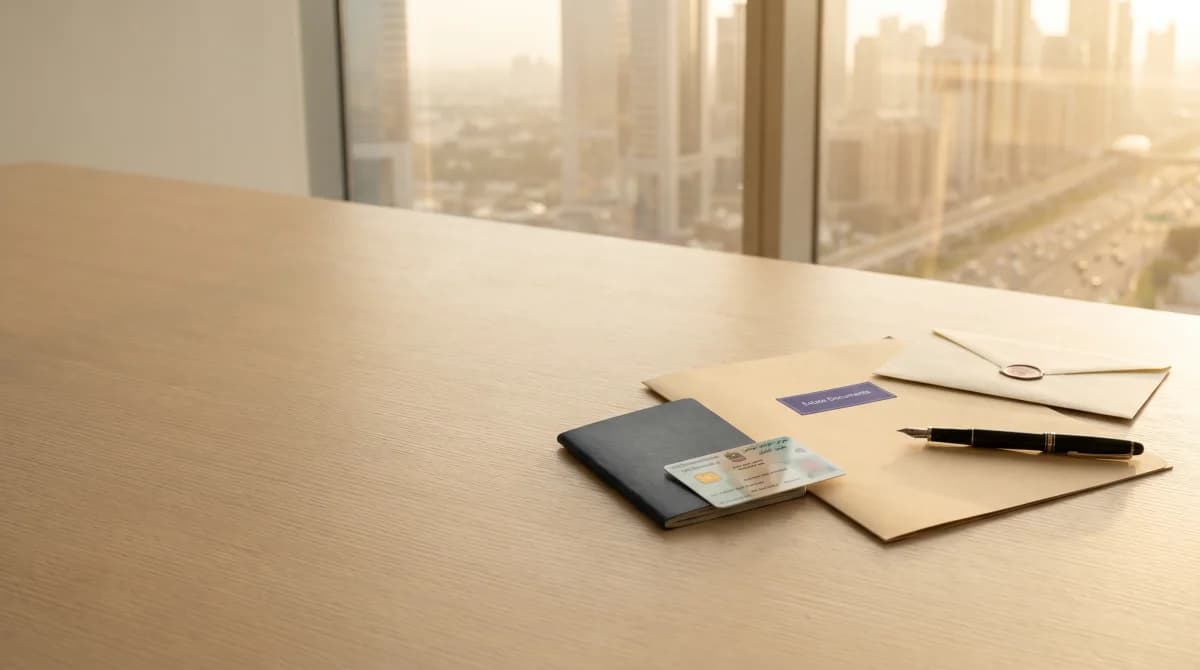 Editorial photograph of a Dubai legal office desk with passport, marriage certificate, and a folder labelled estate documents in soft daylight.