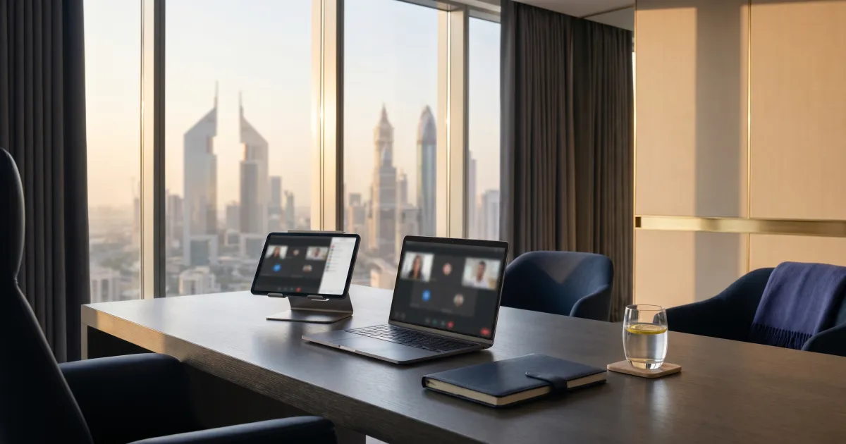 Calm modern Dubai office desk with a laptop and tablet showing a remote video consultation in soft daylight.