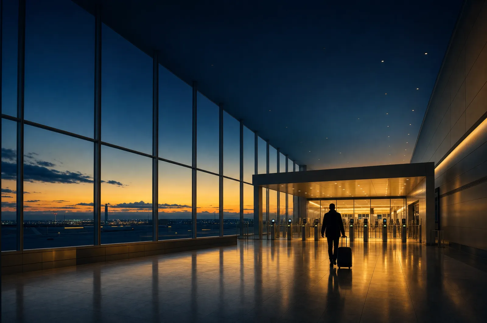 Silhouetted traveller with a suitcase walking through a UAE airport departure hall toward passport control gates at dusk