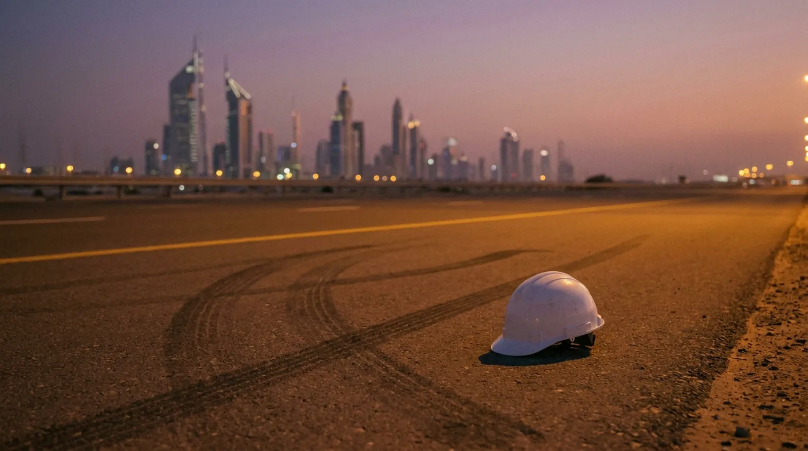 Damaged car and safety helmet beside a quiet UAE road at dusk, evoking accident and injury recovery