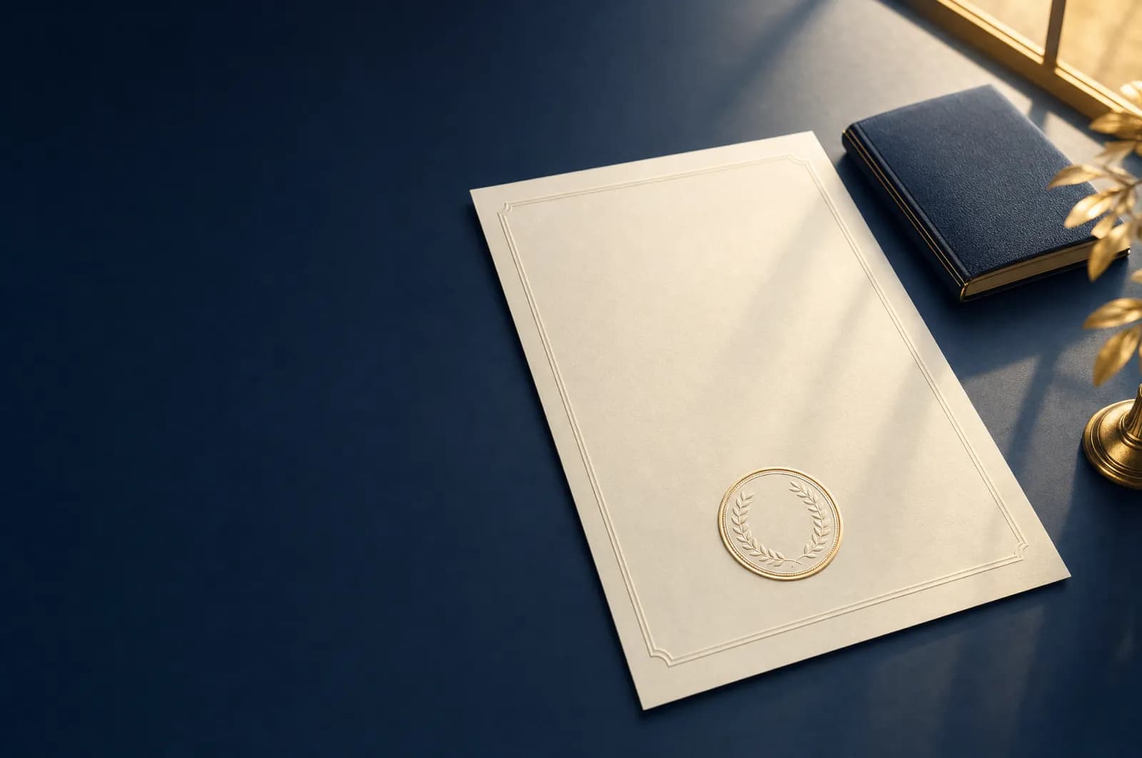 Official stamped certificate document with an embossed seal lying on a dark desk beside a closed passport under soft window light