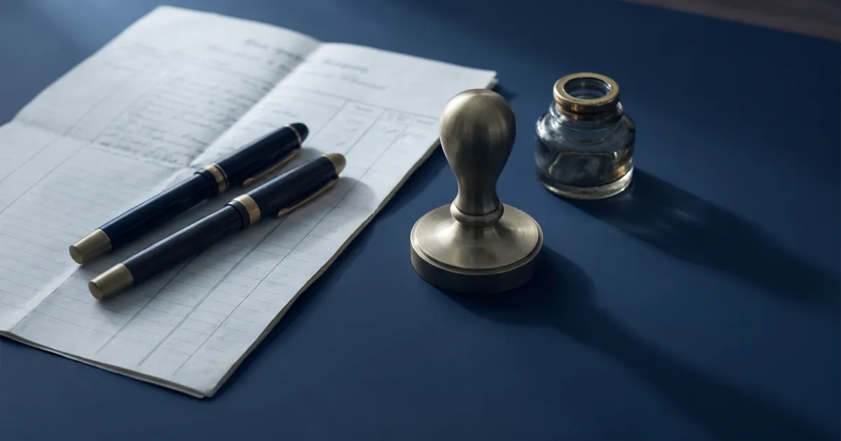 Two fountain pens resting on a folded bilingual marriage agreement beside a brass embossing seal on a deep navy desk