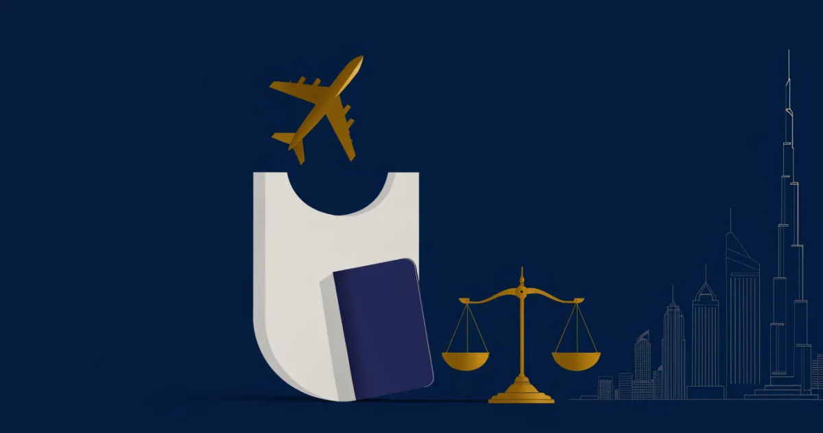 Stylized airplane rising over a blank boarding pass and scales of justice symbolising UAE repatriation ticket rules