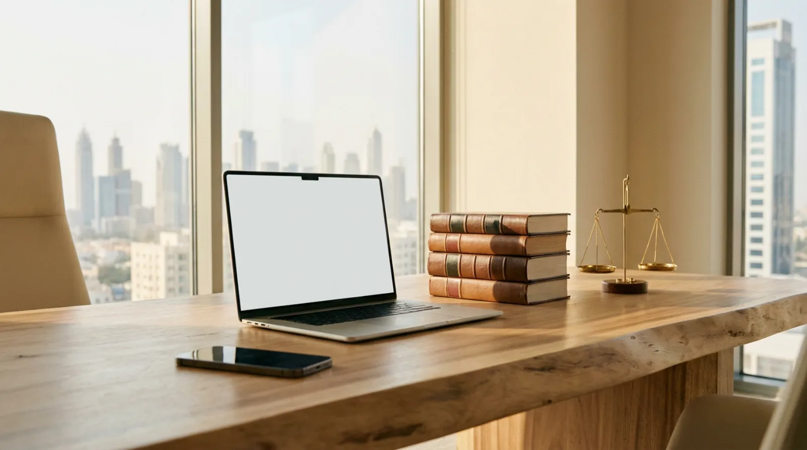 A tidy UAE law office desk with a laptop, smartphone, stack of law books and a small brass scales of justice in warm daylight