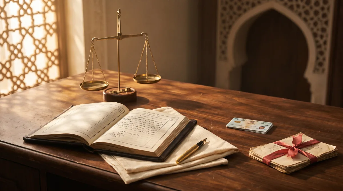 A UAE personal-status court notary desk with an Arabic legal document, gold pen, and Emirates ID under warm light.