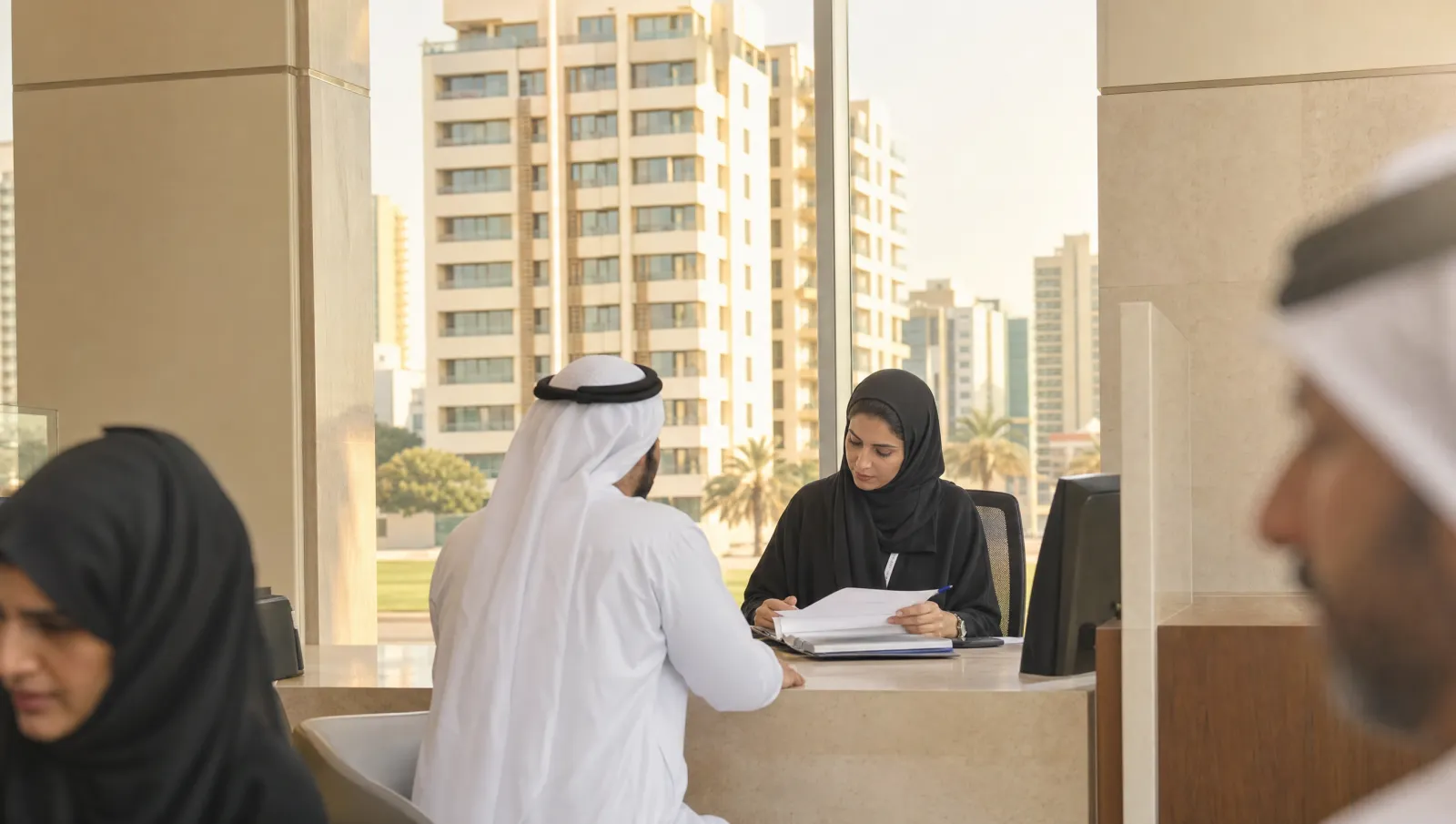 A property owner reviewing registration paperwork at a government counter in Sharjah