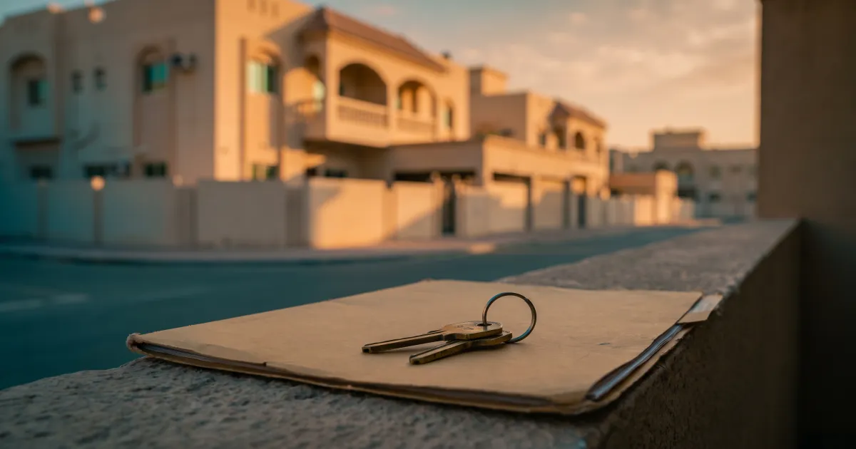 A set of brass keys on a closed folder on a stone ledge, with low-rise Sharjah apartment buildings behind at golden hour