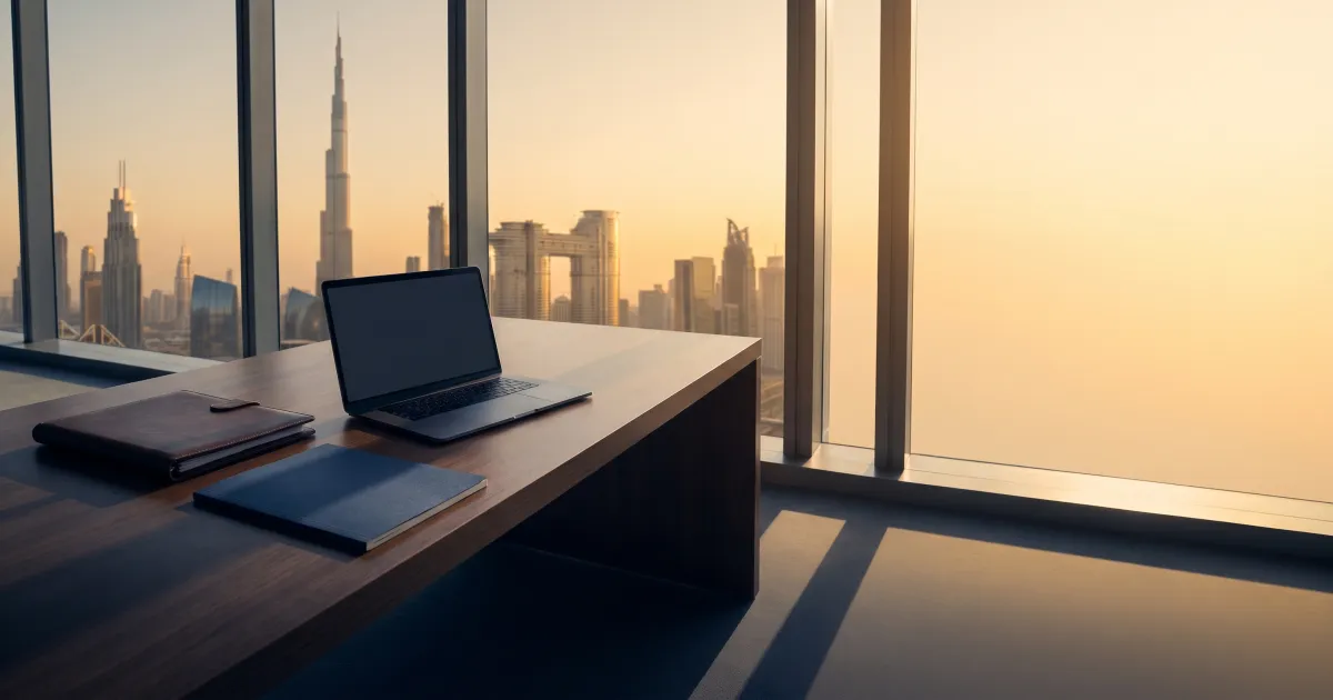 A closed document folder and plain booklet on an office desk beside a window overlooking the Dubai skyline at golden hour
