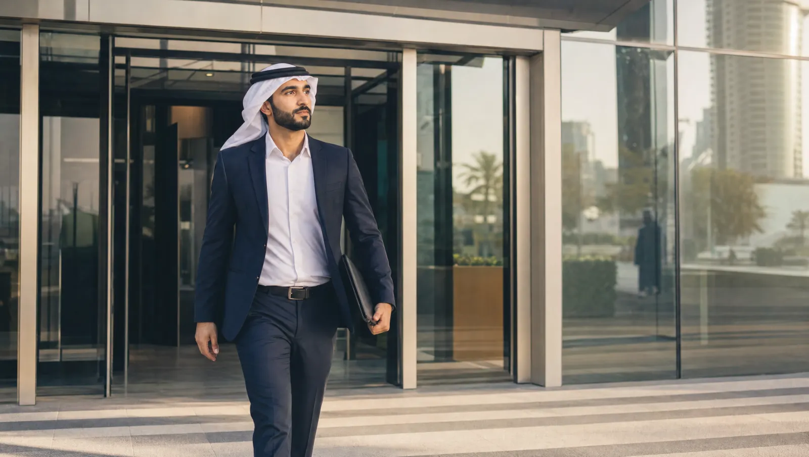 A professional leaving a modern UAE office lobby carrying a document folder