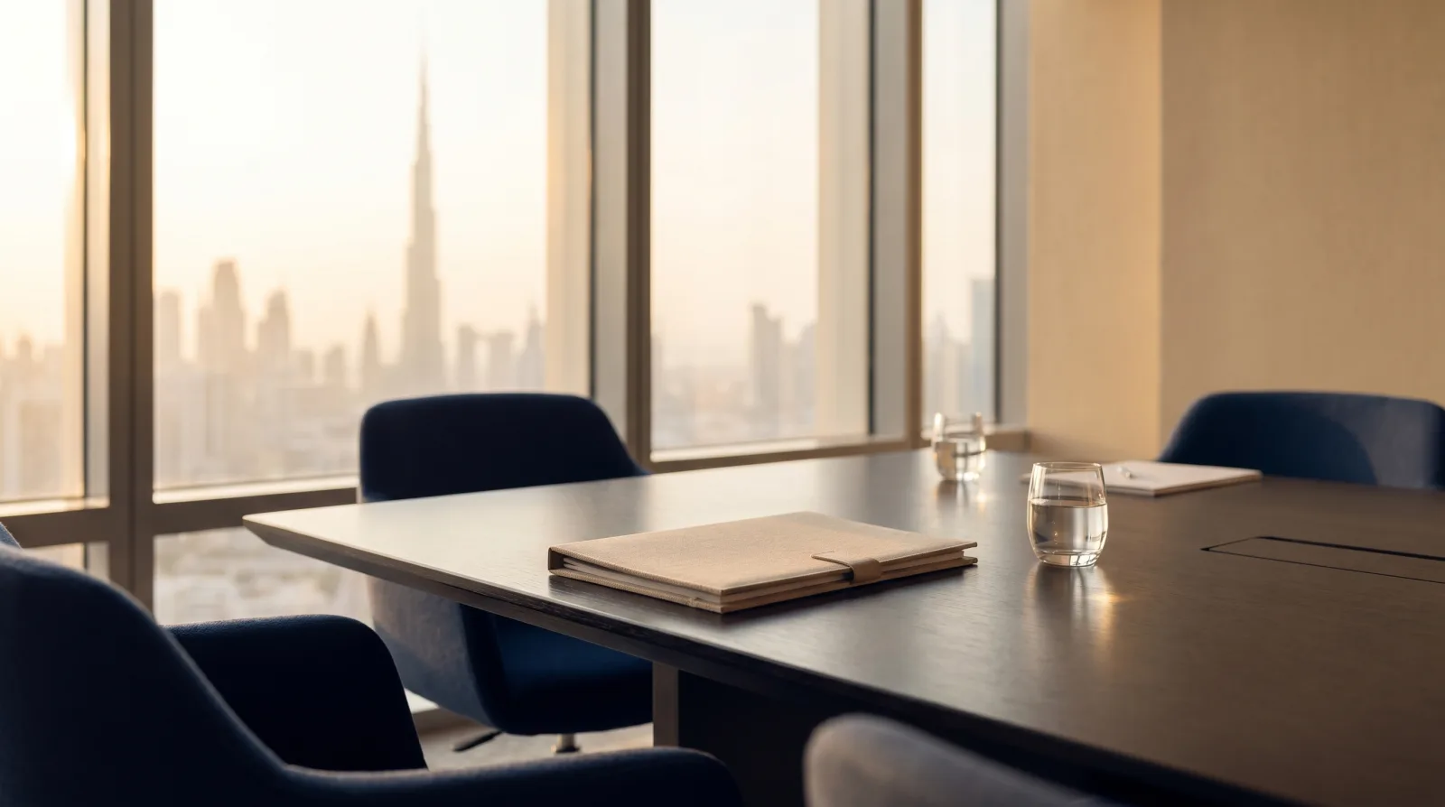 A sunlit modern meeting room in a Dubai high-rise overlooking the skyline, with a closed document folder on a polished conference table, evoking UAE arbitration and dispute resolution.