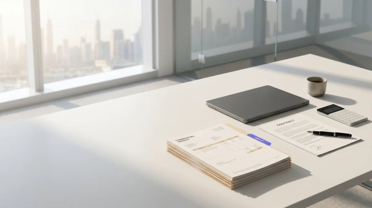 Editorial photo of a UAE commercial office desk with invoices, contracts, and a calculator in soft daylight.