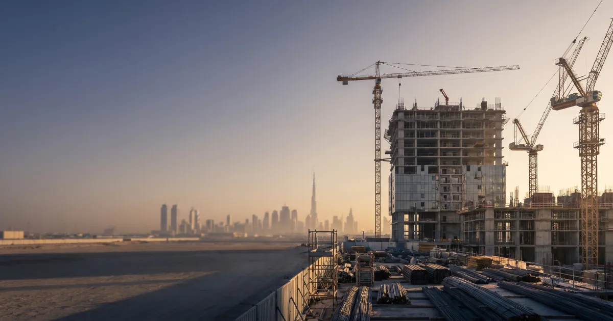 Editorial photo of a modern UAE construction site with cranes against a Dubai skyline at golden hour, conveying construction dispute resolution.