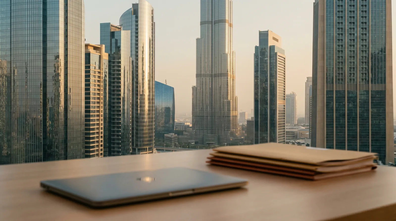 UAE business district skyline at golden hour with a minimalist desk and document folders in the foreground, representing corporate tax registration.