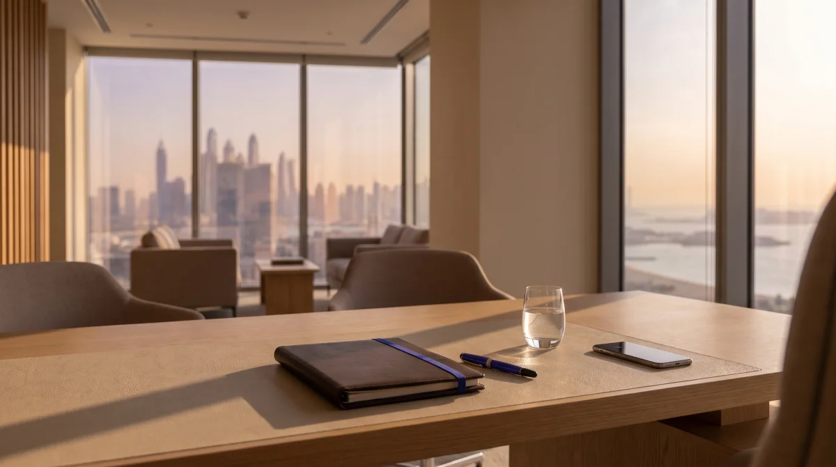 Editorial overhead shot of a quiet desk with a closed legal binder, fountain pen, and a phone showing a UAE area code, soft daylight.