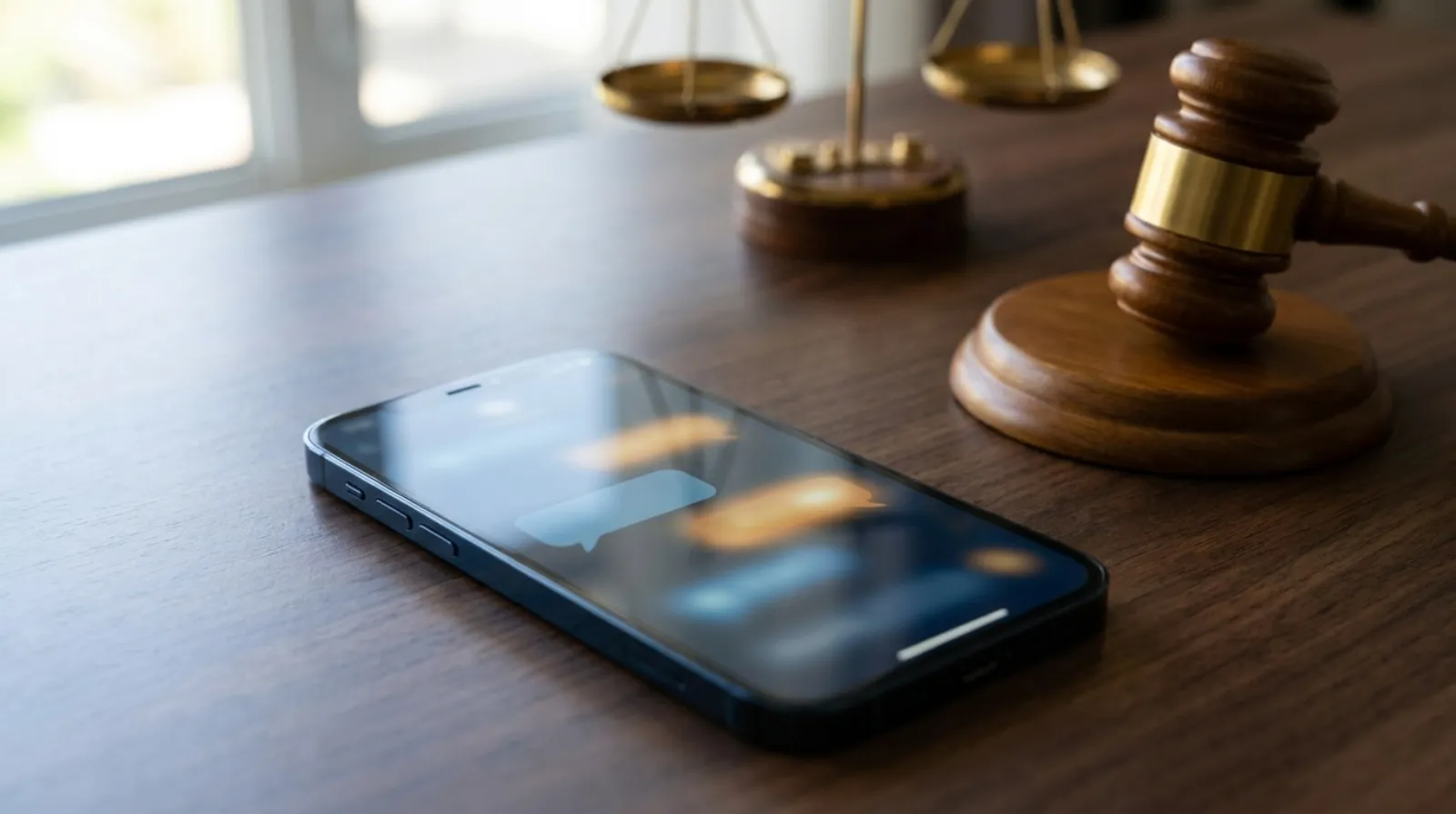A smartphone displaying a messaging app on a desk beside a wooden judge's gavel, evoking online defamation and the law
