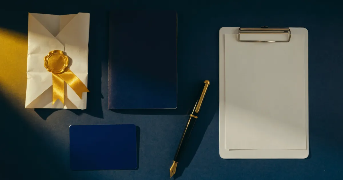 Stack of attested legal documents, passport and identity card arranged beside a checklist on a desk