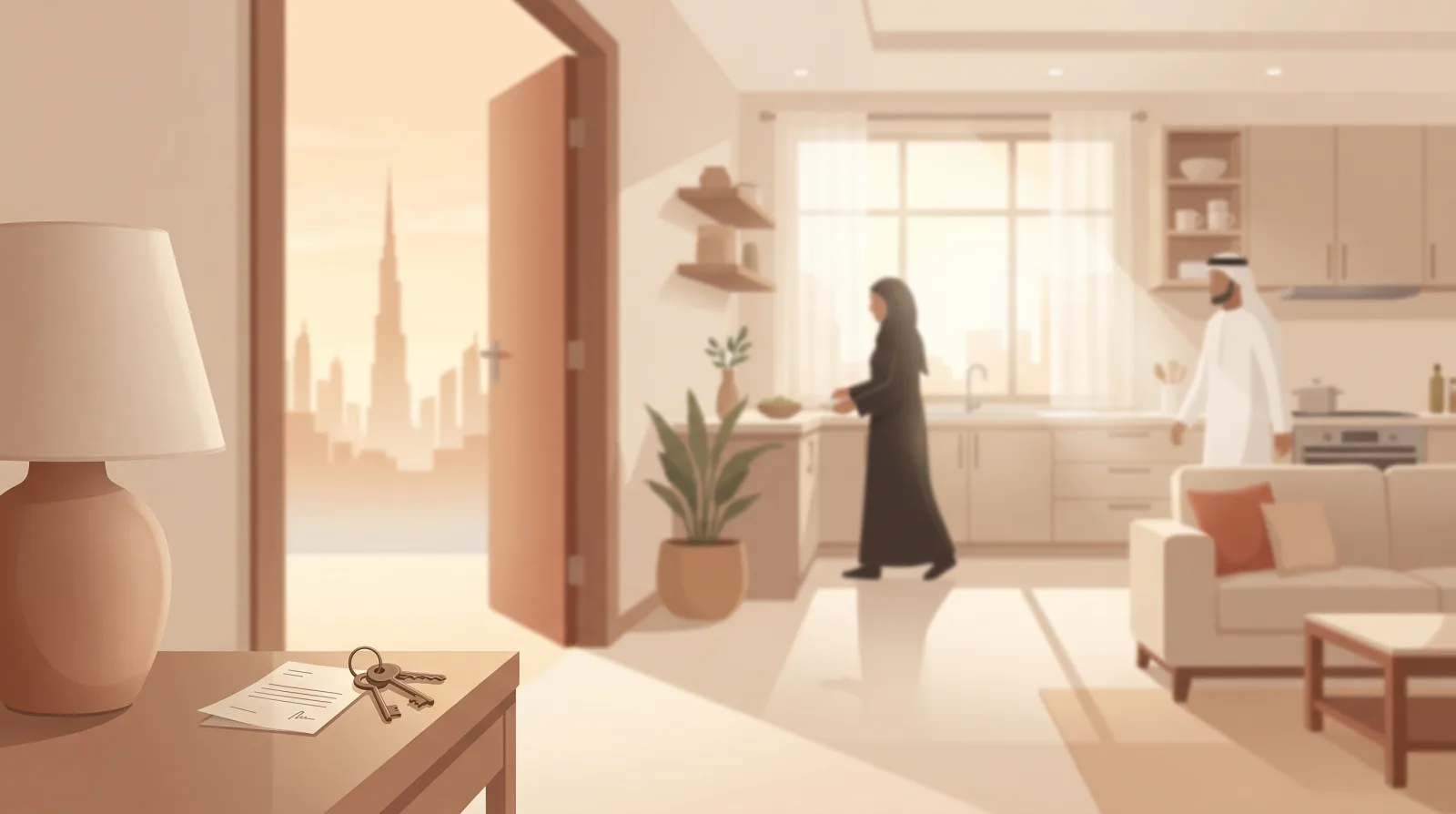 A sunlit modern UAE home interior with a folded document and house keys on a side table, a doorway opening toward the Dubai skyline at golden hour.