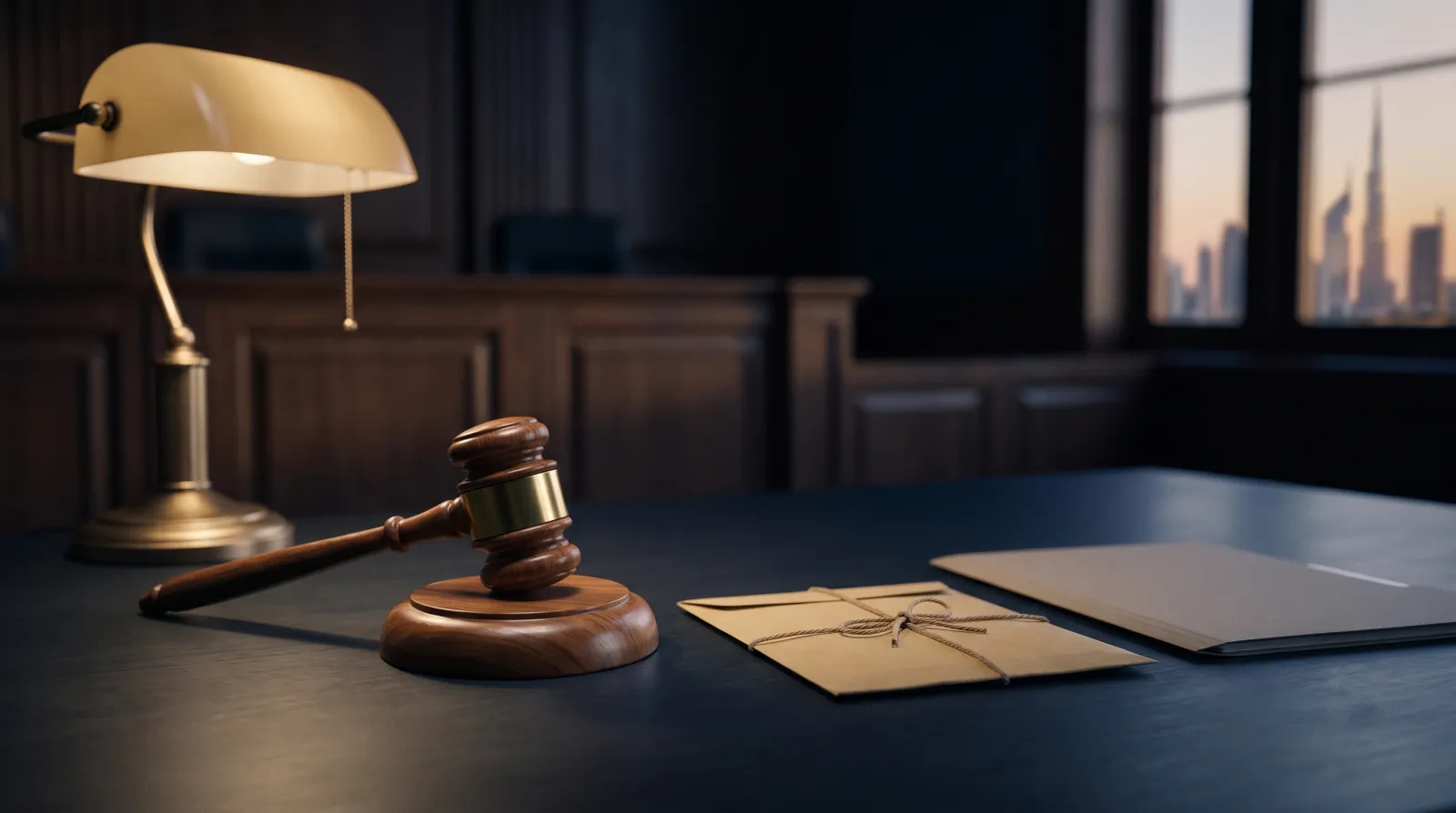 A judge's gavel and a sealed evidence document on a dark legal desk, symbolising how a drug case is classified and handled in a UAE court
