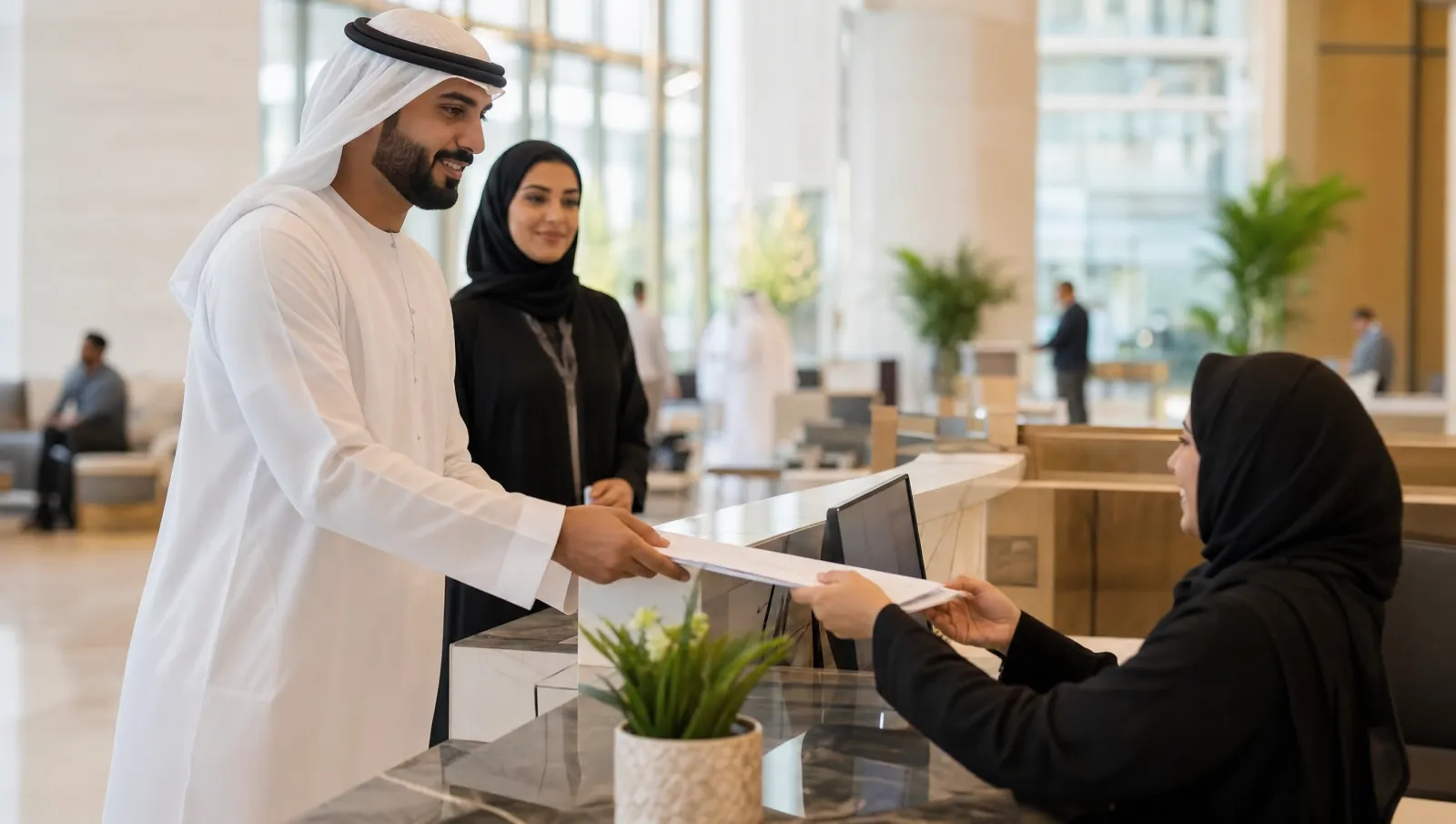 A professional handing residence application documents across a service centre counter in the UAE