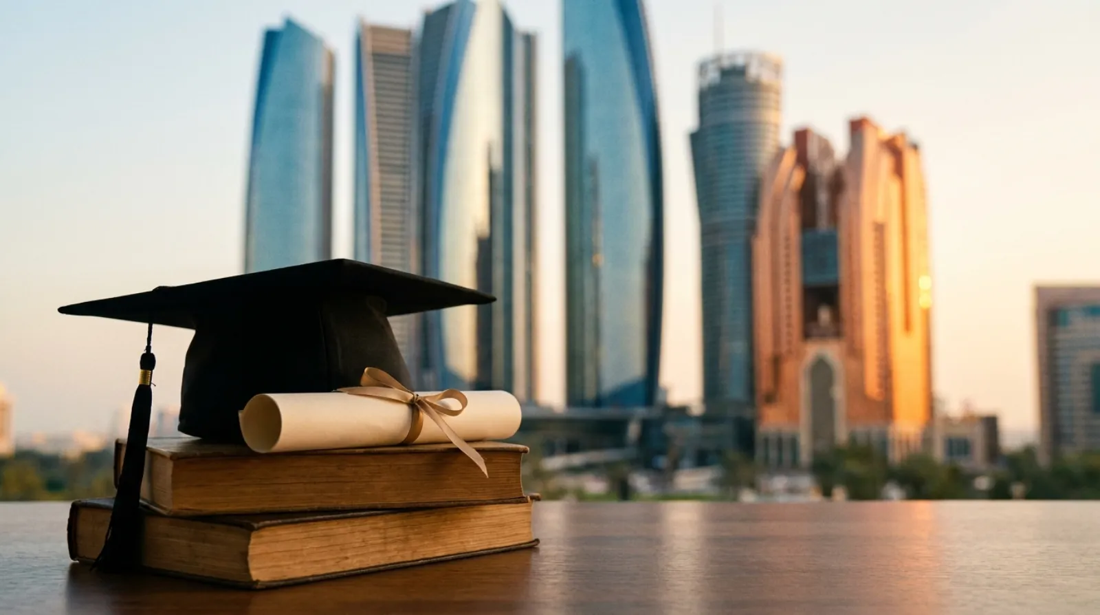 A graduation cap resting on academic books beside a modern UAE skyline at golden hour