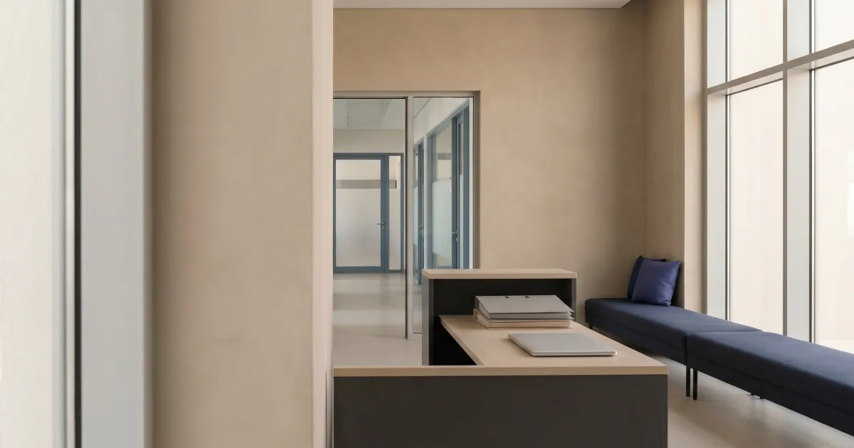 Editorial photo of a calm modern Dubai school administration office reception in soft daylight, representing the Golden Visa teacher nomination route.