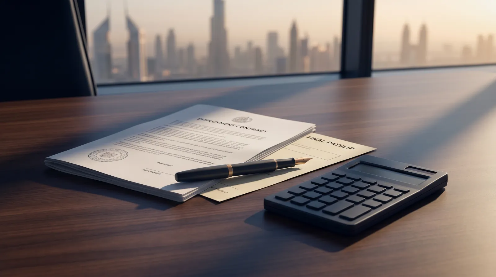 A UAE employment contract and final payslip on a desk beside a calculator, representing end-of-service gratuity under federal labour law