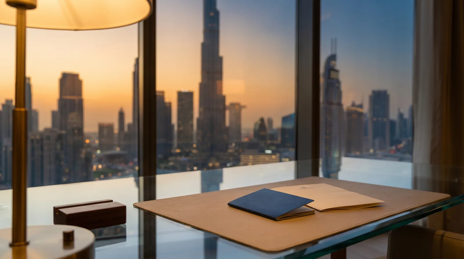 Dubai skyline at golden hour behind a clean office desk holding a blank passport and a folded document, evoking UAE investor residence.