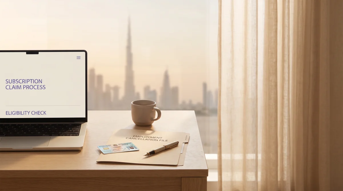Calm UAE office workspace with laptop showing an insurance portal interface — editorial photograph in muted neutrals and indigo accent.