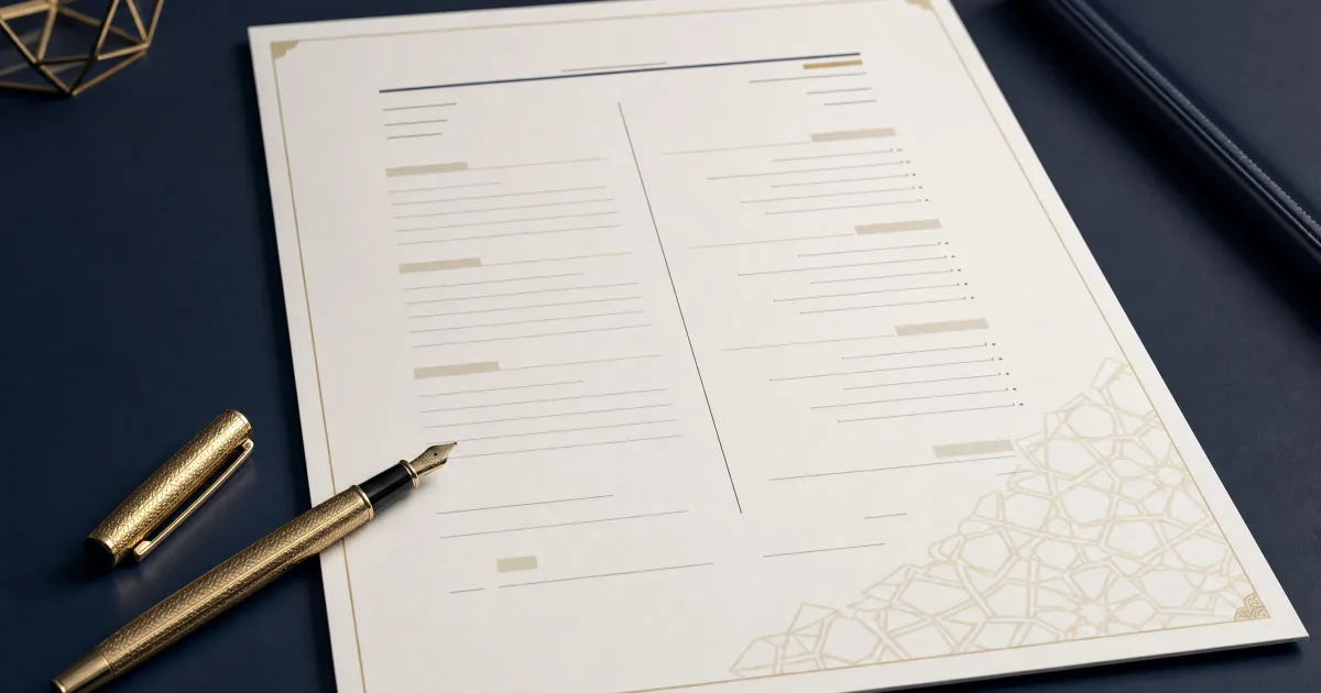 Bilingual employment contract document on a dark blue desk with a gold pen resting across it