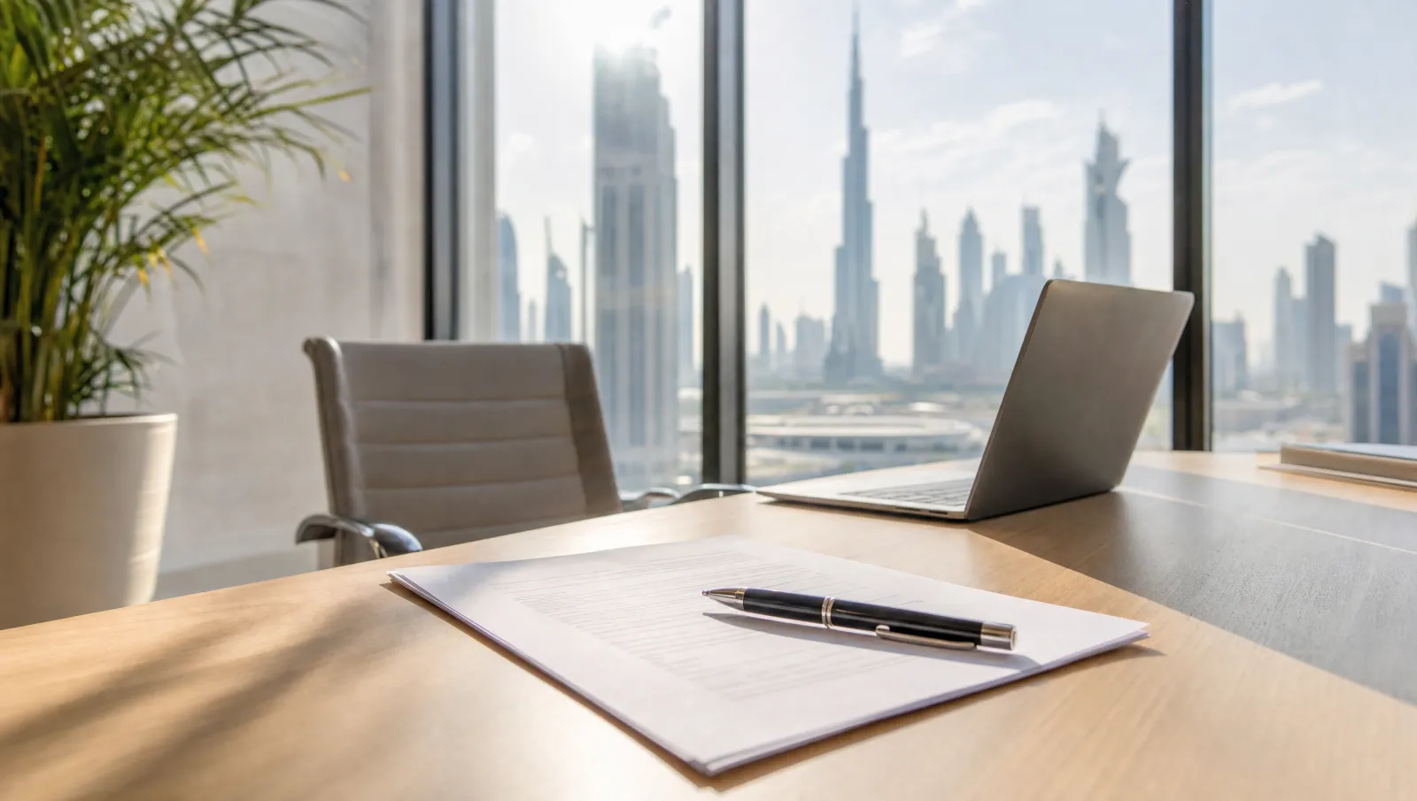 A signed employment contract and pen on a desk in a modern Dubai office