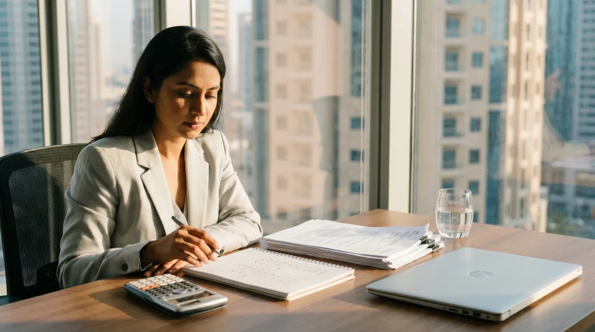 A UAE payroll professional reviews a leave-salary calculation worksheet at a Dubai office desk with a calculator and contract documents