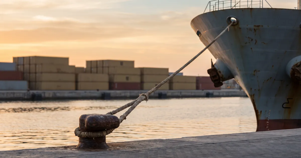 The bow of a moored cargo ship and a mooring rope on an iron bollard at a UAE port at dawn