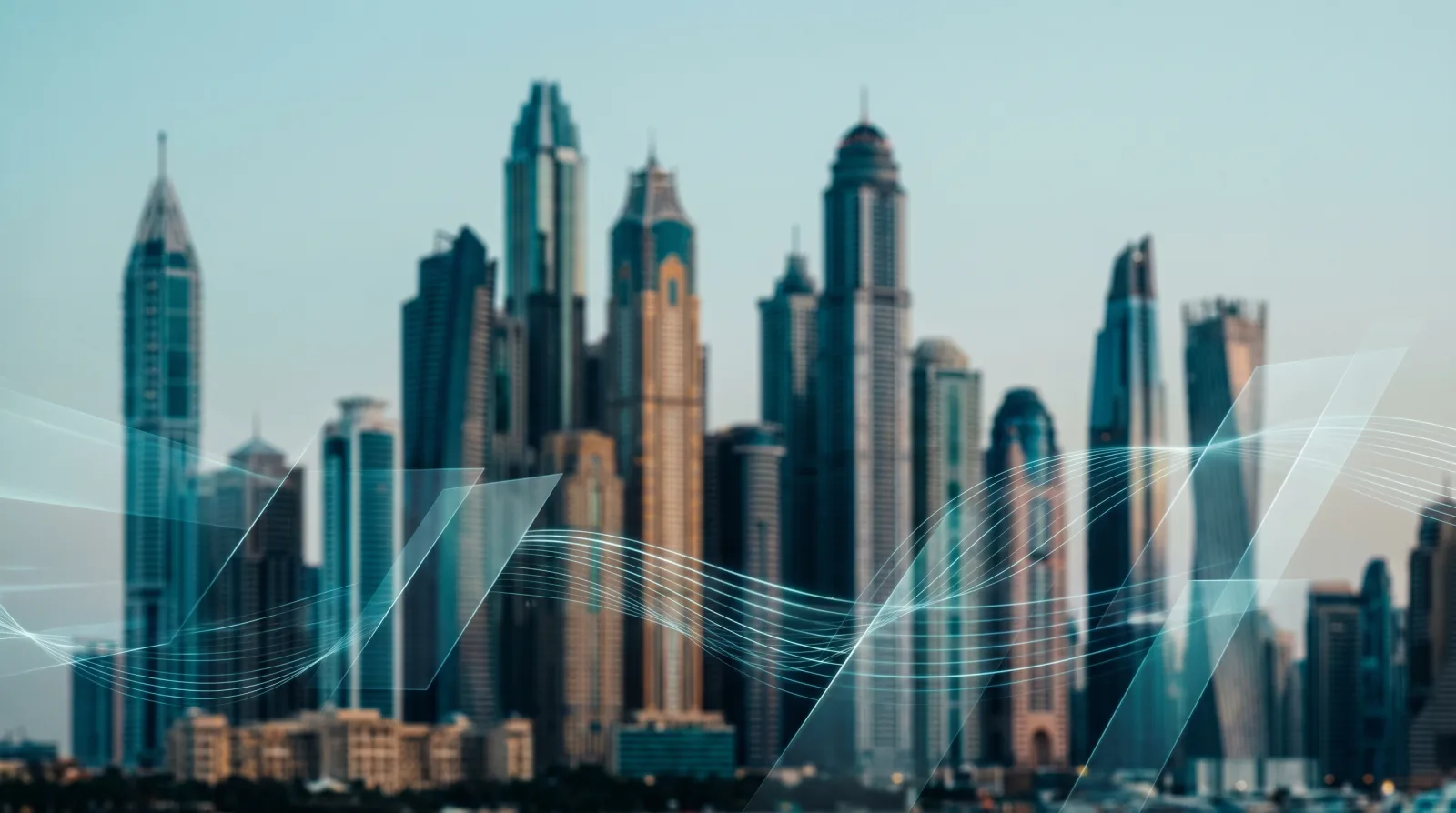 Abstract editorial illustration of a UAE city skyline overlaid with translucent geometric panels and secure data-stream lines, representing personal data protection compliance.