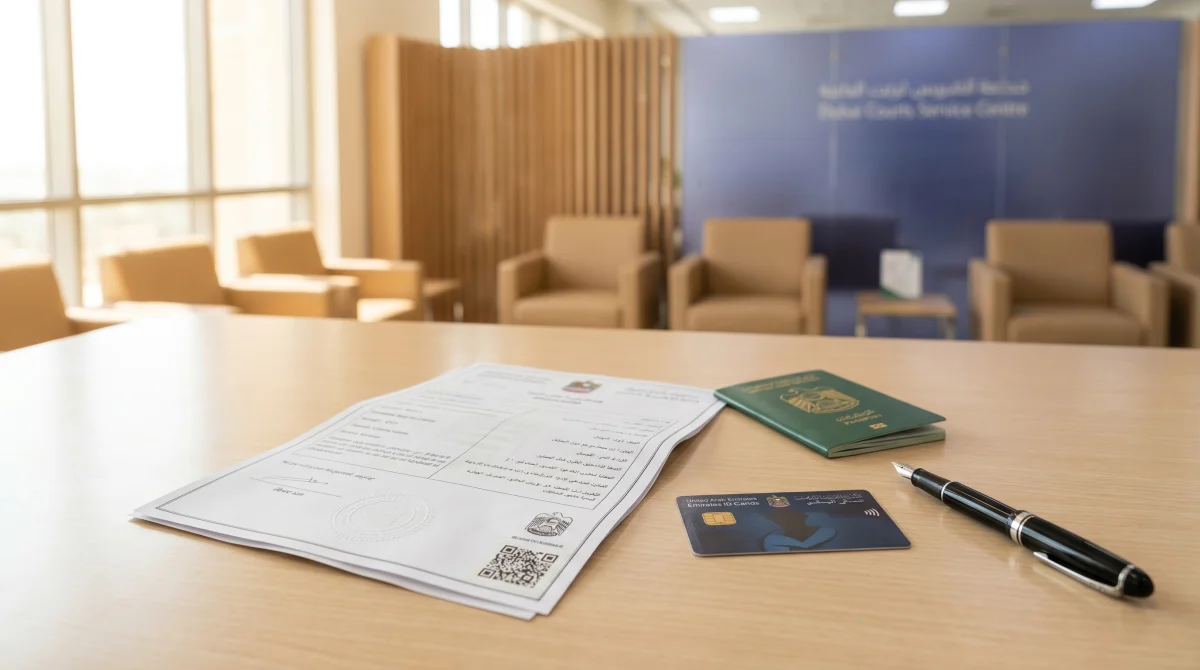 UAE Public Notary desk with stamped power of attorney document and Emirates ID, calm office lighting