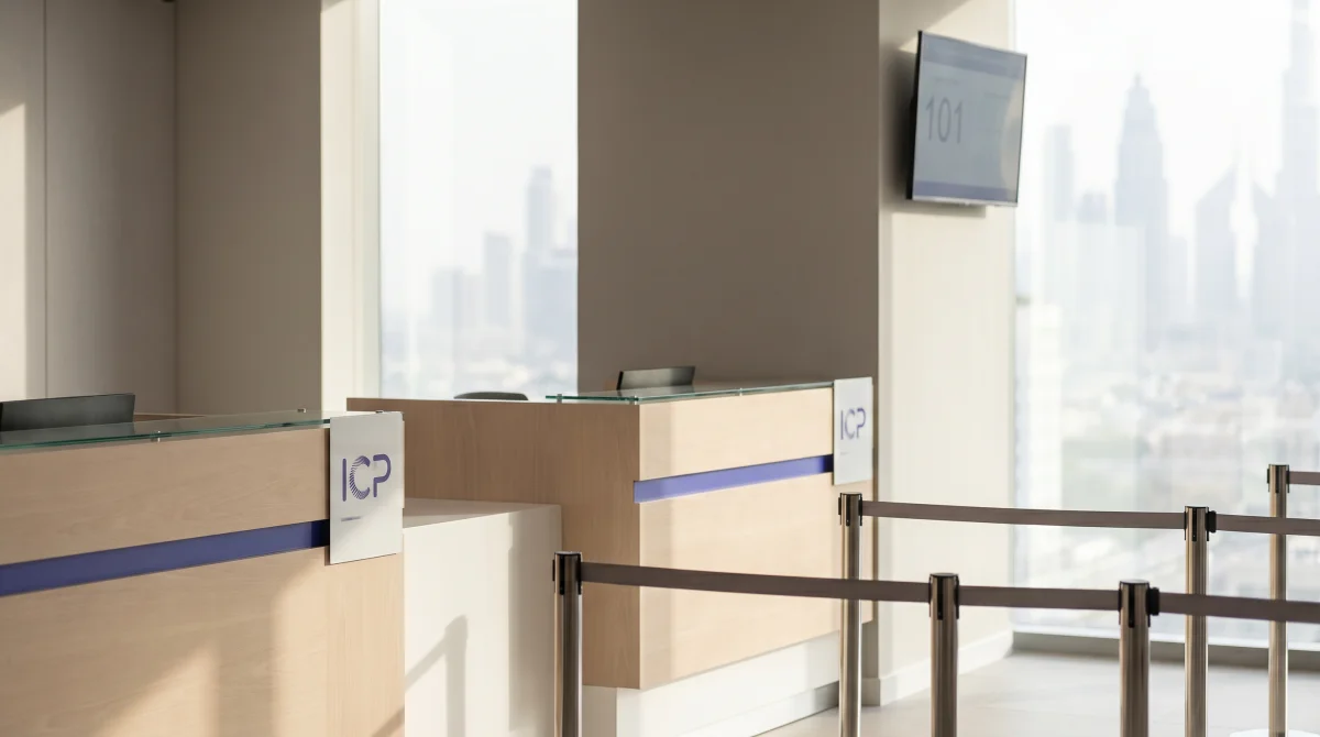 UAE residence visa renewal counter at a customer happiness centre, indigo signage, natural daylight