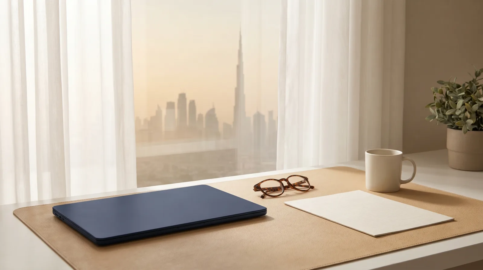 A quiet, sunlit desk with a closed laptop and a document, a blurred Dubai skyline through the window, symbolising rest and recovery during paid sick leave.