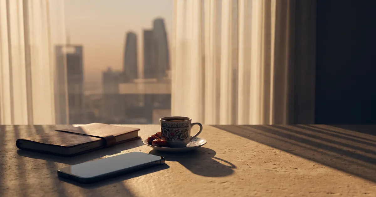A smartphone lying face-down on a stone desk beside a closed notebook in a quiet Dubai apartment at golden hour
