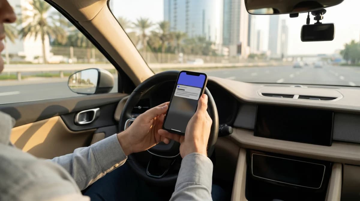 UAE traffic black points appeal concept: modern desk with driving licence, vehicle telematics readout, and a folded objection letter in natural daylight.