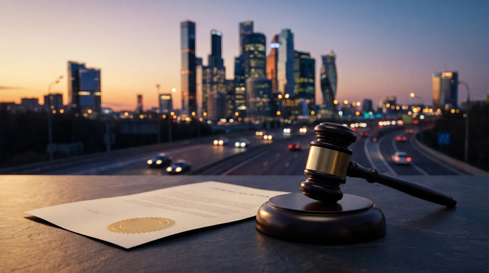 UAE highway at dusk beside a courthouse gavel and traffic citation, symbolising the line between a fine and a criminal charge