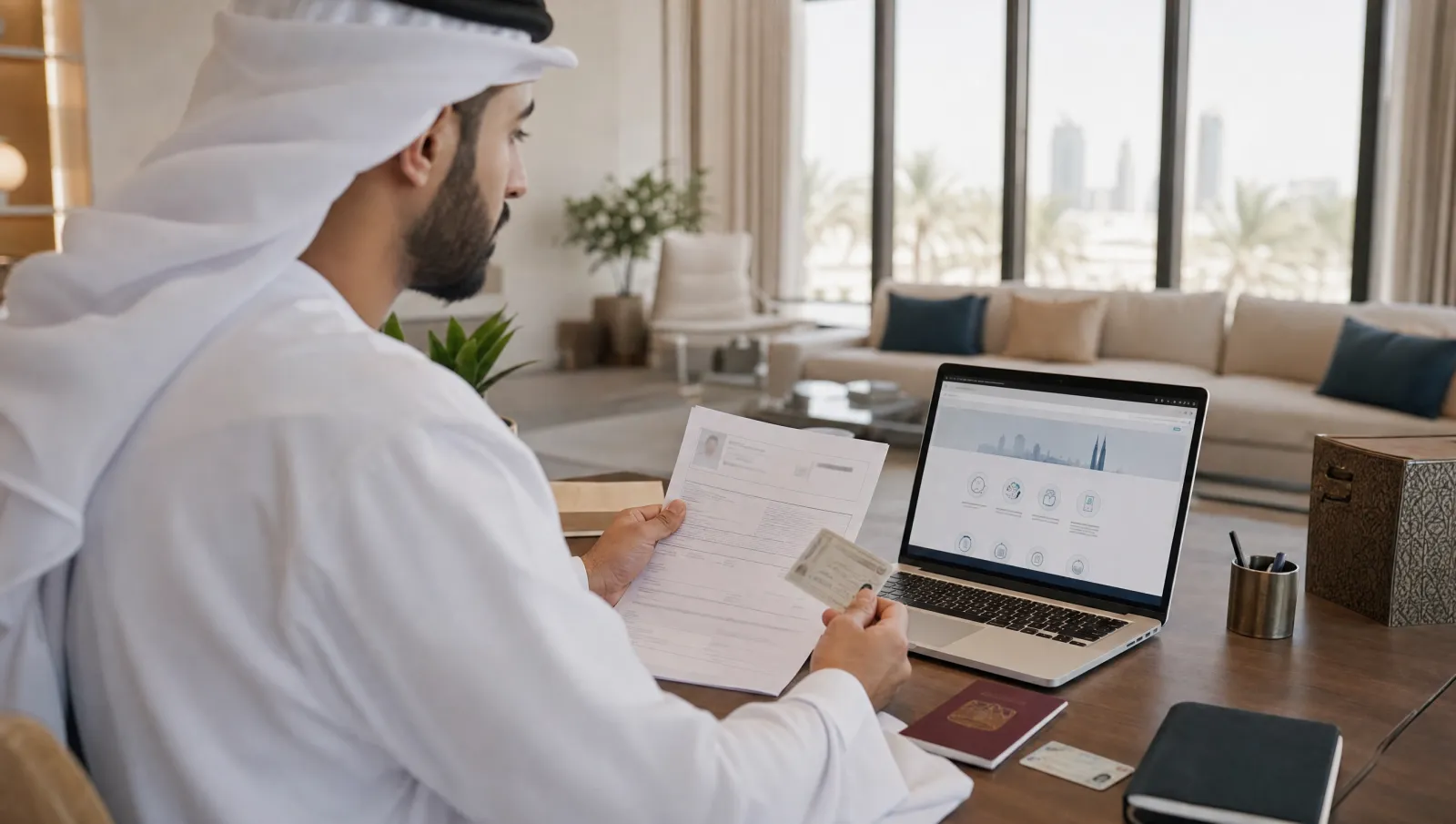 A person checking residence visa documents against an official UAE government services portal on a laptop