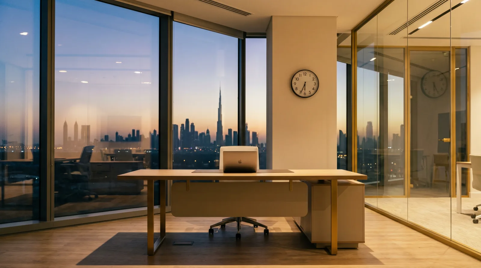 Modern UAE office at dusk with a Dubai skyline through the windows and a wall clock, illustrating working hours and overtime.