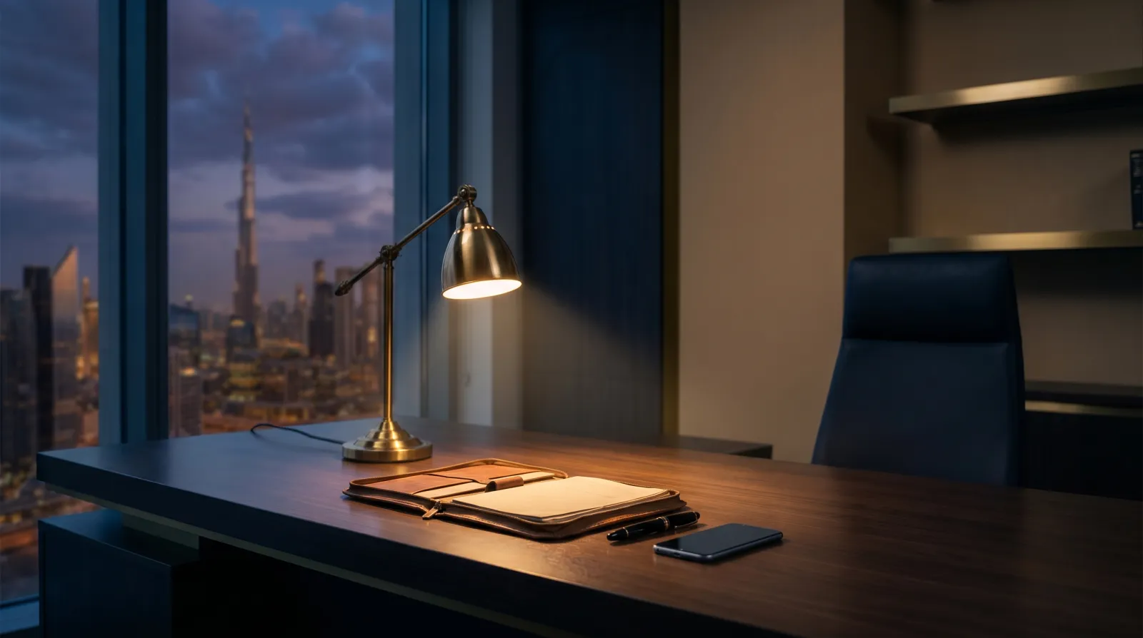 Dimly lit Dubai law office at night with a desk lamp, an open legal file, and a phone, conveying after-hours emergency legal help