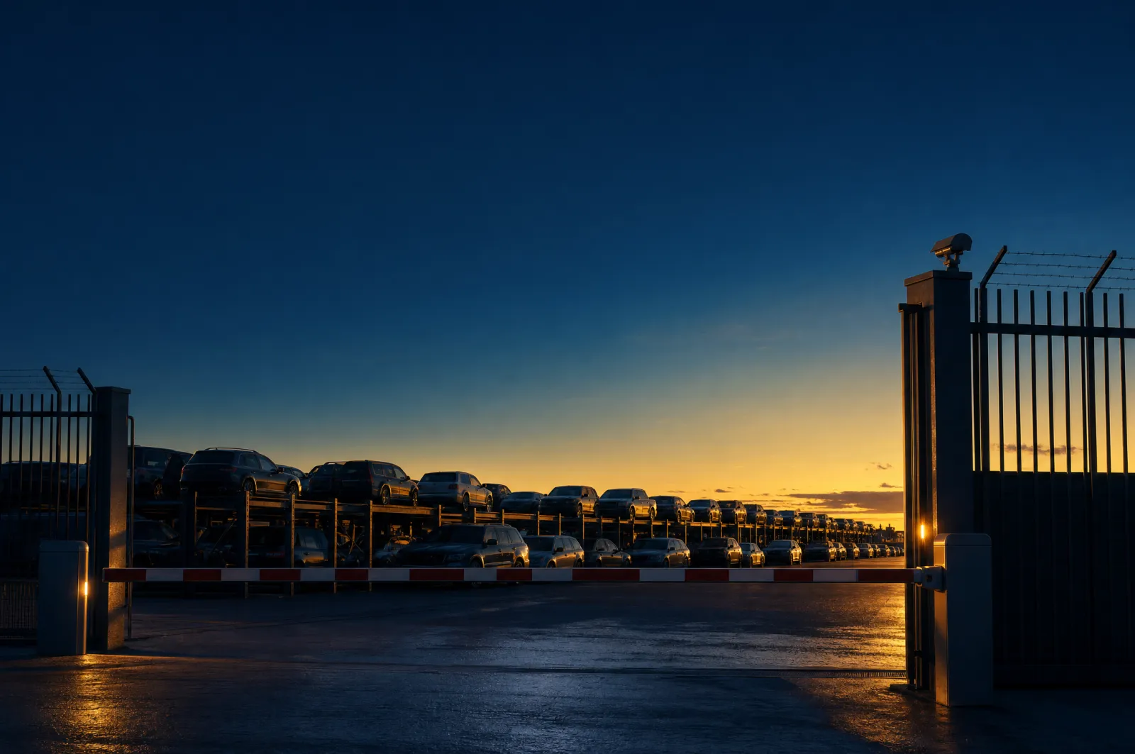 Rows of impounded cars parked behind a closed barrier gate in a secure vehicle compound at dusk