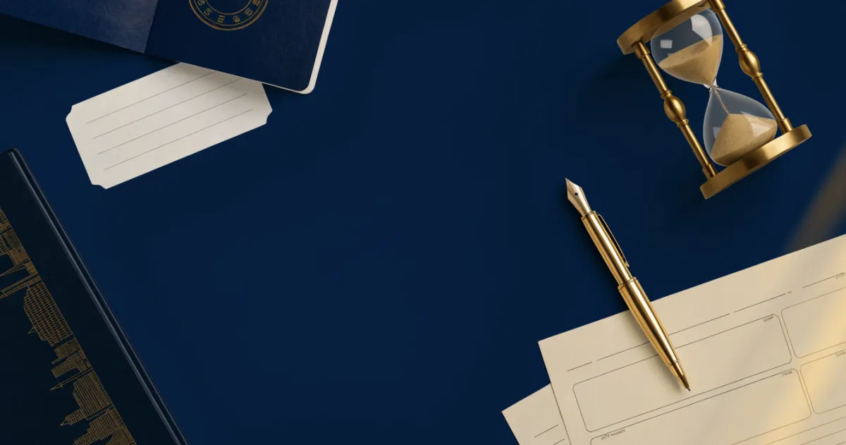 Passport, hourglass and travel documents on a desk symbolising UAE visa extension deadlines and renewals